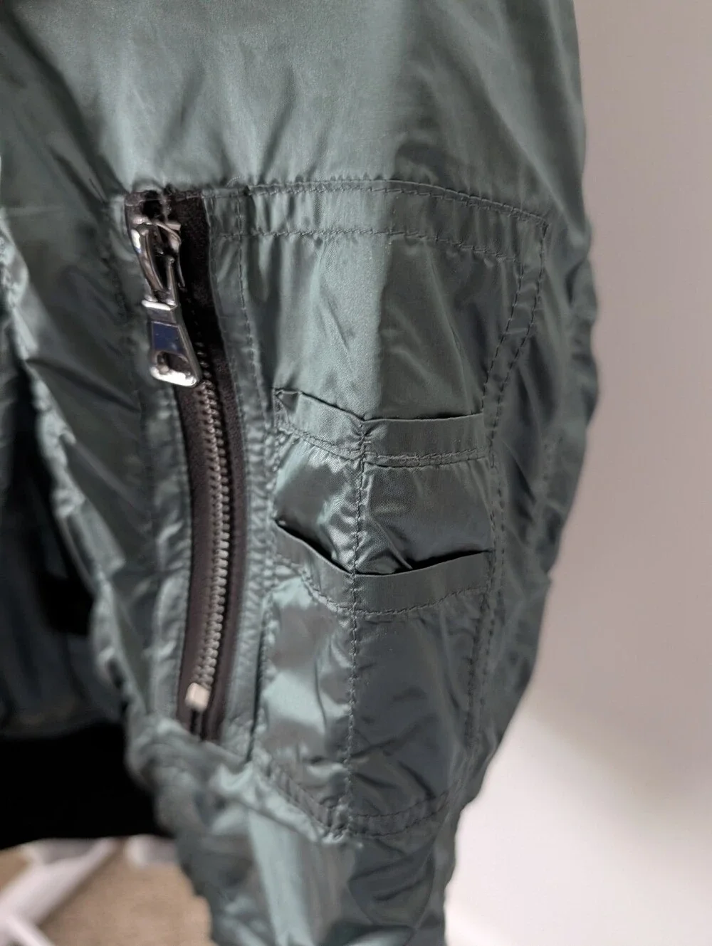 Men's Quilted Bomber Jacket in Deep Green with Grey Hoodie Layer
